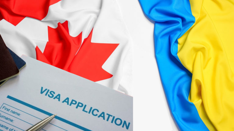 Work Permit: Image of a Canada visa application form, and intentions for Canada work permit. Canada and Ukraine flags displayed side by side on a white background.